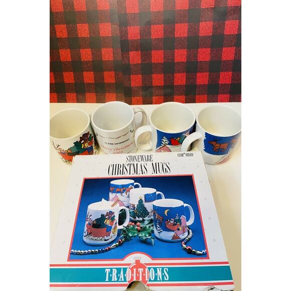 Retro Christmas Mugs 4 Coffee Cocoa Tea Mugs Holiday Traditions Stoneware - Picture 6 of 7